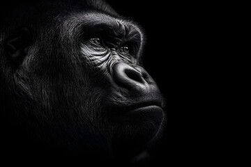 Fototapeta premium Majestic gorilla observing with intense gaze on black background