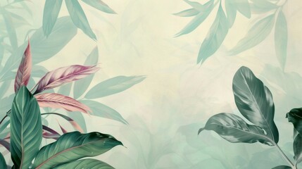 Tropical Foliage Background with Teal and Pink Leaf Accents