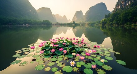 Serene lake with vibrant pink and white water lilies floating on calm water reflecting dramatic karst mountains under a soft hazy sky © TAIFUR