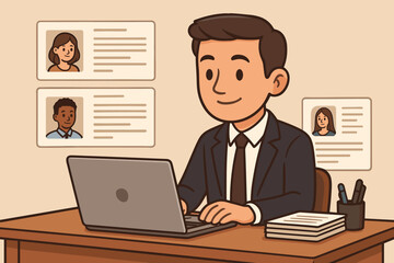 Human resources manager reviewing candidate resumes on laptop. Recruiter at office desk selecting employees. Job application screening, CV analysis, and hiring process concept.