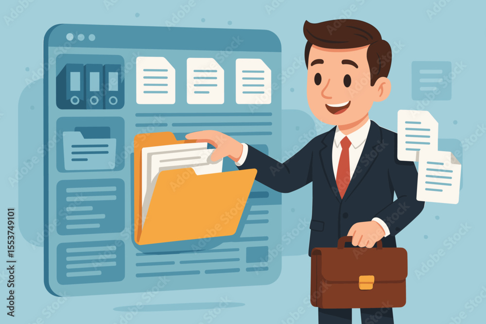 Poster businessman accessing company records and files from digital database. document management system co