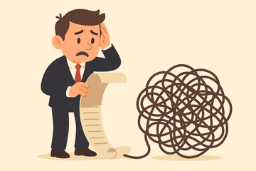 Stressed cartoon businessman with a long to-do list. Overwhelming workload and business problems represented by a paper scroll turning into a tangled messy rope. Metaphor for chaos.