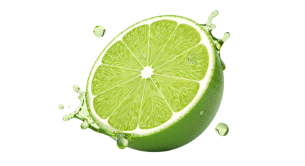 Photo of a vibrant green lime slice with a refreshing juice splash, isolated on transparent background