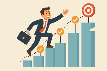 Career growth concept with businessman climbing a bar chart graph. Reaching for the target, achieving business goals. Project milestones journey and success strategy. Vector.