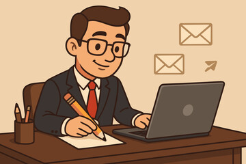Cartoon businessman at desk writing promotional emails, using pencil and laptop, effective communication, office workspace, email marketing, productivity, professional illustration