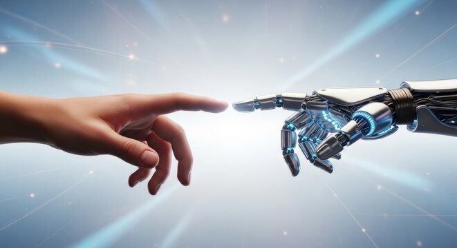 Human hand reaches out to touch the robot hand in technology era