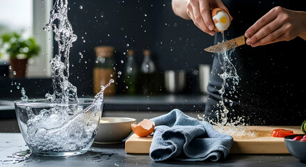 Culinary Action A Person Cracking Egg With Kitchen Utensils In Kitchen