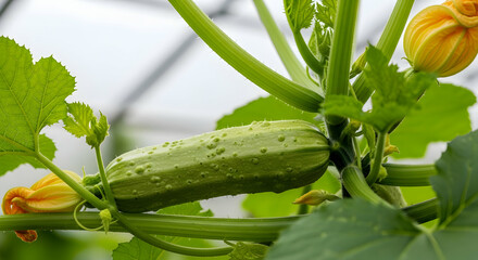 Close Up Of A Vibrant Zucchini Growing in Greenhouse Setting