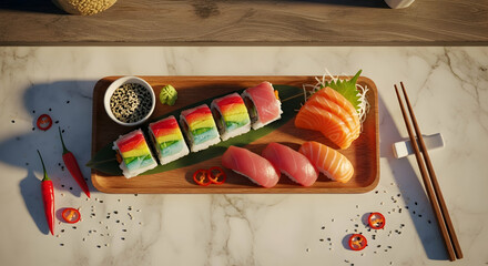 Colorful Sushi Platter with Salmon Sashimi and Chopsticks on Marble Table
