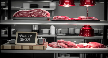 Artisanal Meats Presented On Shelves At Butcher Shop, Underneath Professional Red Heating Lamps