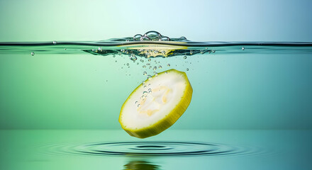 Fresh Zucchini Slice Plunging into Clean Water with Bubbles and Ripples