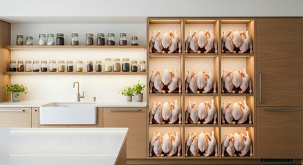 A Modern Kitchen Scene Featuring Raw Poultry Arranged in Compartments