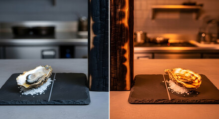 Exquisite Oyster Served on Slate Platter With Burnt Wood Accent In Restaurant