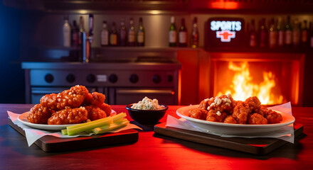 Spicy Chicken Wings With Blue Cheese Dressing In A Sports Bar Setting