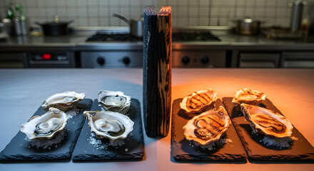 Elevated Gastronomy Raw And Grilled Oysters Served In A Kitchen Setting