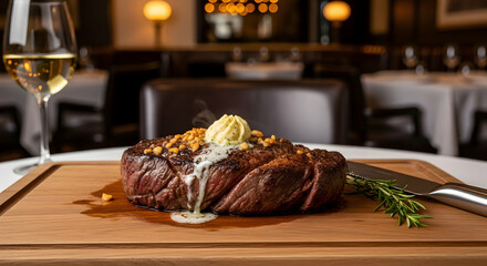 Exquisite Grilled Steak Topped With Butter And Garnished With Rosemary At Fine Dining