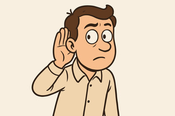 Cartoon Man Eavesdropping Hand to Ear Gesture, Listening Attentively, Curious Expression, Hearing, Communication, Suspicion, Secret, Vector Illustration, Body Language, Surveillance Concept
