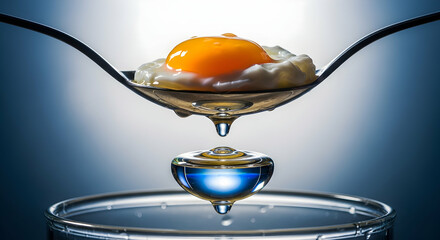 Fried Egg On A Spoon Above Droplet With A Blue Light Reflection