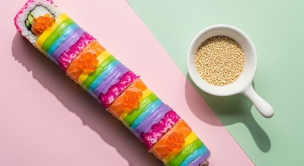Creative Rainbow Sushi Roll With Fish Roe And Sesame Seeds In The Bowl