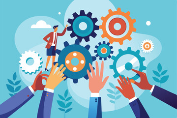 Human hands working together to change gears in a collaborative effort to drive innovation and progress towards a shared goal in a vibrant setting