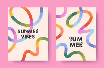 Summer vector illustrations with bright rainbow lines.Abstract backgrounds with multicolored dynamic shapes.Summer artistic banners in simple style.Templates for prints;banners;covers;branding;fashion