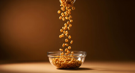 Rings Of Cereal Pouring Into Glass Bowl Against Brown Background