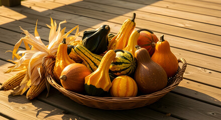 Autumn Abundance Basket Filled With Colorful Gourds And Corn On Wooden Background
