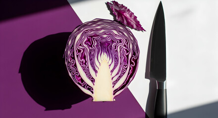 Halved Red Cabbage Alongside a Kitchen Knife on Geometric Background