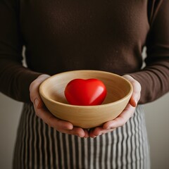 Person holding a wooden bowl with a red heart inside