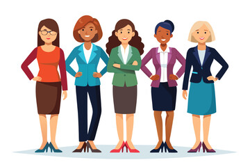 Obraz premium Diverse group of businesswomen stand confidently together in professional attire showcasing unity and empowerment in a modern office environment