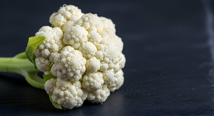 Fresh Cauliflower Head Exhibiting Water Droplets On Deep Toned Surface Close Up