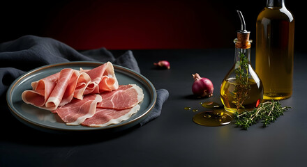Elegant Still Life With Prosciutto Olive Oil Shallots On Dark Tabletop