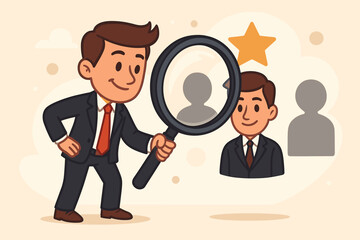 Human resources recruitment concept. Cartoon businessman in suit holding magnifying glass searching for best employee. Job candidate selection, talent acquisition, hiring process vector illustration