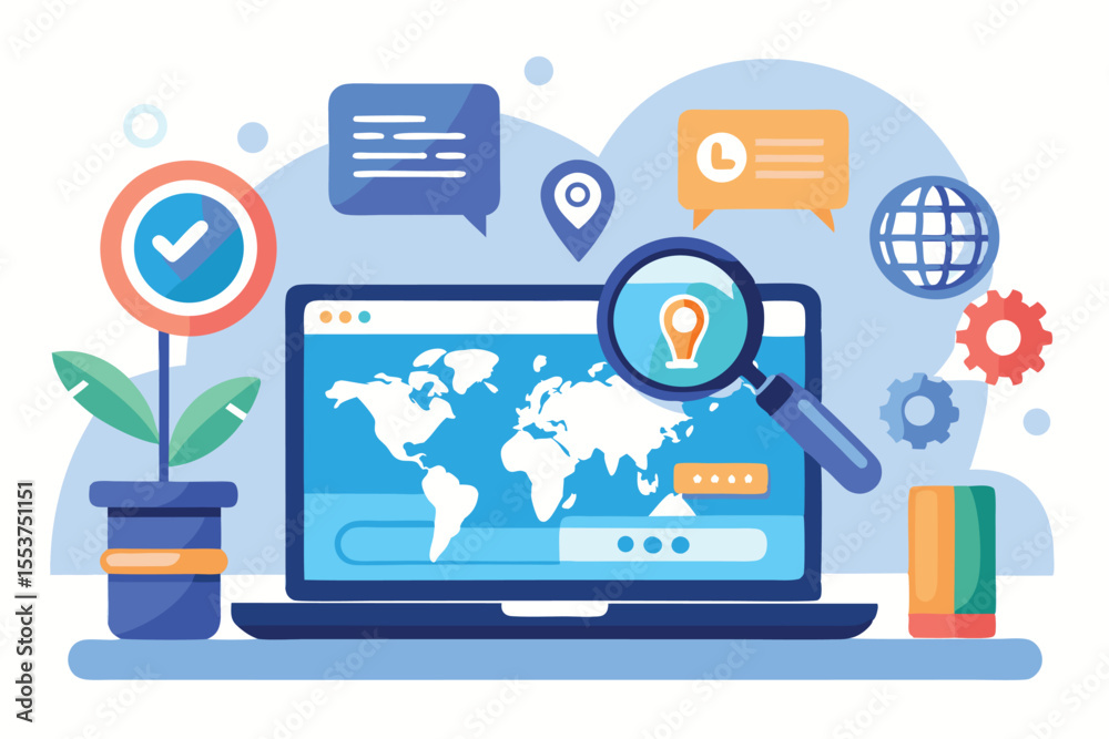 Poster exploring the concept of search engines through a laptop displaying a world map and various search-r