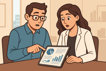 Business team analyzing financial data report on tablet in modern office. Vector illustration of coworkers discussing statistics, charts, graphs, teamwork, digital technology, workplace collaboration