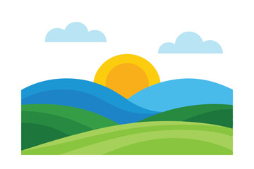 Obraz premium Rolling hills at sunrise: A vibrant, colorful illustration captures a bright sun rising over a landscape of rolling hills, blue skies, and fluffy clouds, conveying feelings of peace and happiness.
