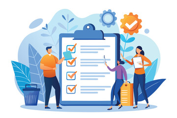 Business checklist concept vector illustration featuring a diverse team organizing tasks and priorities for efficient project management