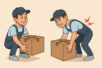 Proper vs Improper Lifting Techniques for Heavy Boxes. Cartoon Workers Demonstrating Safe Manual Handling, Back Injury Prevention, Ergonomics, Occupational Safety, Workplace Health Vector Illustration