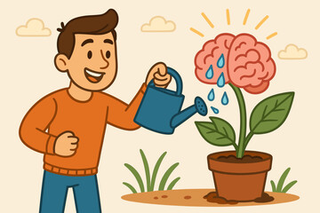 Growth mindset concept illustration. Man watering brain-shaped plant in pot. Nurturing personal development, positive thinking, self improvement, mental health, learning, education. Vector cartoon.