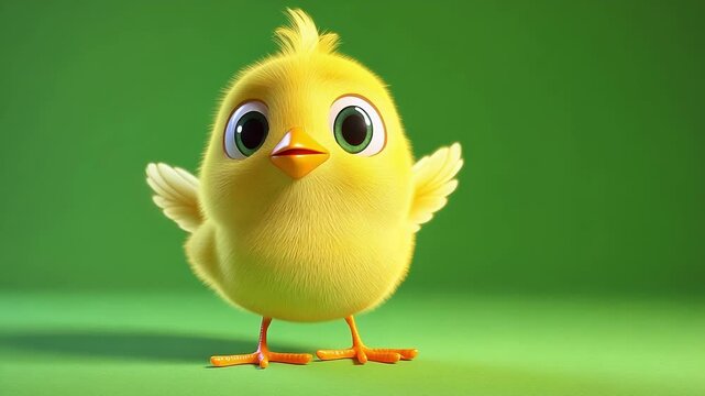 Adorable yellow baby chick animation playing and moving across seamless green screen background, providing flexible compositing solution for video editing and motion graphics projects
