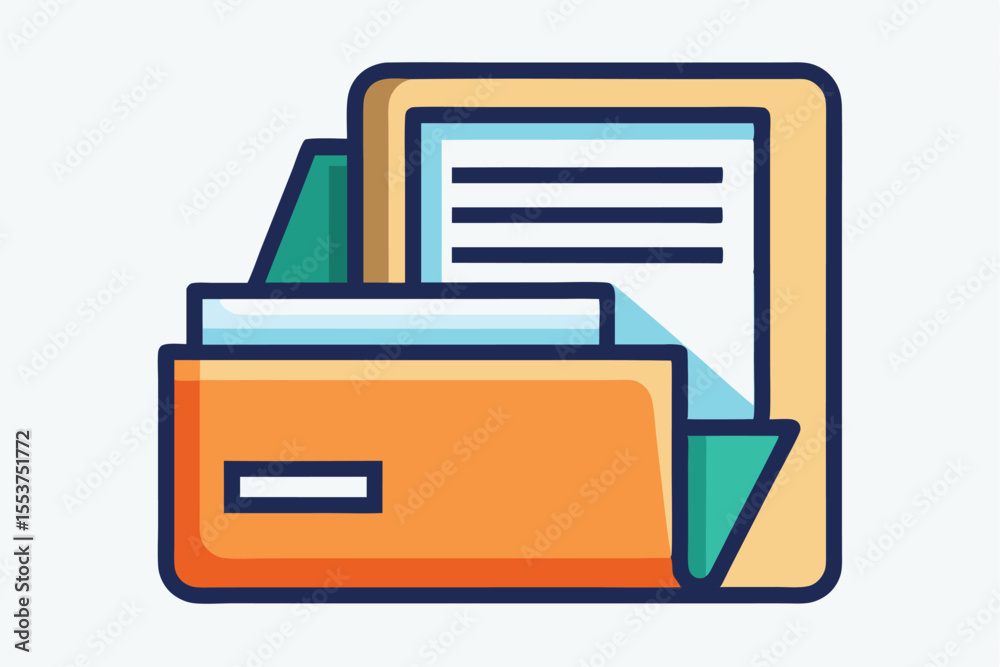 Poster flat design of an open folder icon displaying documents in a minimalist style suitable for various d