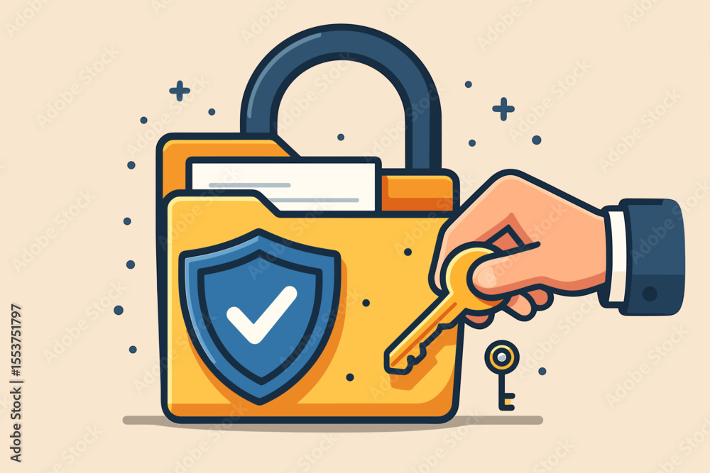 Poster cyber security access concept. hand unlocking secure digital file folder with key. data protection, 