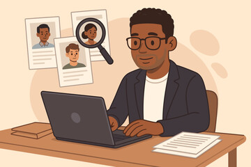 Human resources recruiter reviewing resumes and job applications on laptop, searching for qualified candidates, talent acquisition, hiring process, recruitment, HR office, vector cartoon illustration