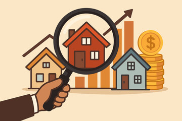 Real estate investment analysis concept. Magnifying glass examining houses, property market trends, house value, financial growth, home search, realty, investment strategy, cartoon vector illustration