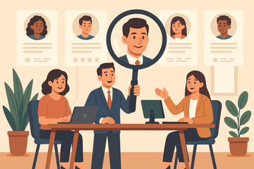 Recruitment agency team evaluating job candidates, HR professionals discussing resumes, talent acquisition, employee selection, human resources interview process, office workplace vector illustration