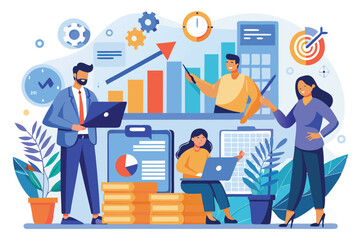 Business development team collaborating on successful strategies and growth metrics in a modern office environment