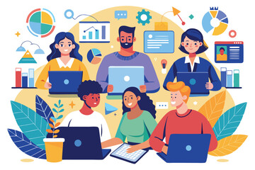 Fototapeta premium Diverse group of people collaborating on laptops to manage a project in a bright and modern workspace during daytime
