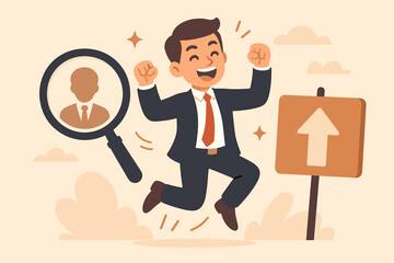 Obraz premium Businessman Celebrates Job Success Career Growth Opportunity, Recruitment, Talent Search, Happy Employee Achievement, Magnifying Glass, Upward Arrow, Professional Success Concept Vector