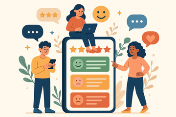 People Giving Ratings and Feedback on Mobile App. Customer Satisfaction Survey. User Experience Review. Online Application Evaluation. Vector Illustration with Happy, Neutral, Sad Emoji Icons.
