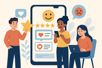 Customer Feedback and Online Ratings Concept. People Using Mobile App and Laptop to Give Reviews, Rate Services, Share Opinions. Five Star Satisfaction, Social Media Interaction, Vector Illustration